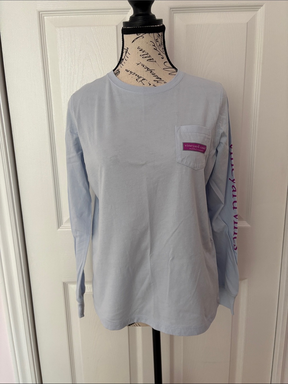 Vineyard Vines Light Blue Long-Sleeve Pocket Tee with Pink Logo